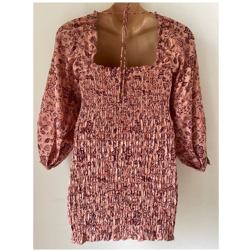 FREE PEOPLE Smock it to Me Floral On/Off Shoulder Mini Dress Coquette Milkmaid S - Picture 9 of 16